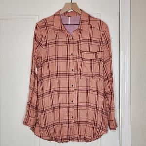 Free People Button Up Shirt | Peach Plaid |Linen | Medium